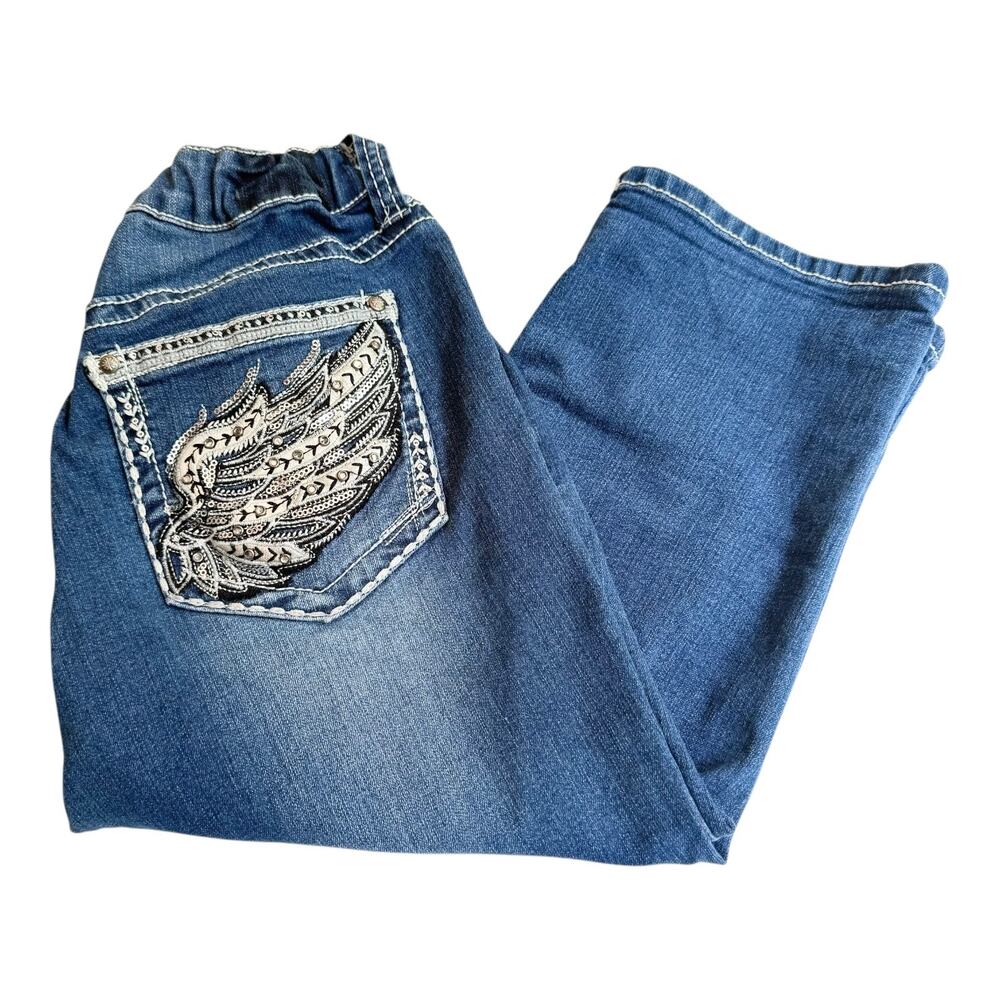 Love Indigo Denim CAPRI JEANS Women's 10P Stretch Rhinestone Angel Wing Pockets